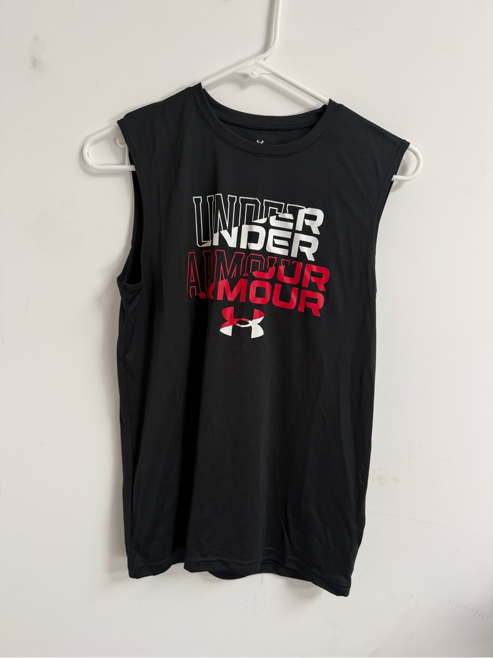 Under Armour Black Sleeveless Logo Tank with Red and White Accents
